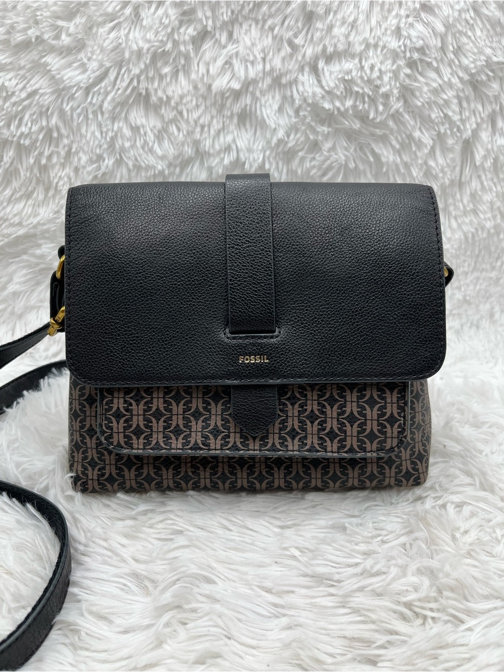 Fossil Shoulder Bag Black Brown Monogram Crossbody Leather Trim